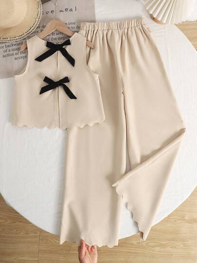 SHEIN Tween Girls' Casual Vacation Solid Color Contrast Bowknot Decor Shell Hem Round Neck Sleeveless Cardigan And Wide Leg Pants Set
