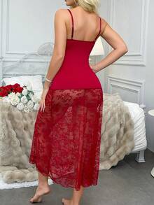 2pcs Lace Patchwork Women's Sexy Nightgown (Wireless, Thong) - Burgundy - View 2