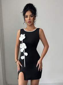 Rafferiza Đầm ngắn nữ không tay cổ tròn họa tiết hoa 3D, thắt eo, xẻ tà bên hông. - màu đen - Xem 6