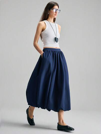 Ontre Falda floral con pliegues de cintura regular, cómoda, suave y amigable con la piel para mujeres, de color azul marino. Diseño moderno, urbano, casual, de oficina formal, de baja clave, elegante y vintage de alta calidad, chic, para ir al trabajo y al aeropuerto, de la serie urbana cómoda para mujeres.