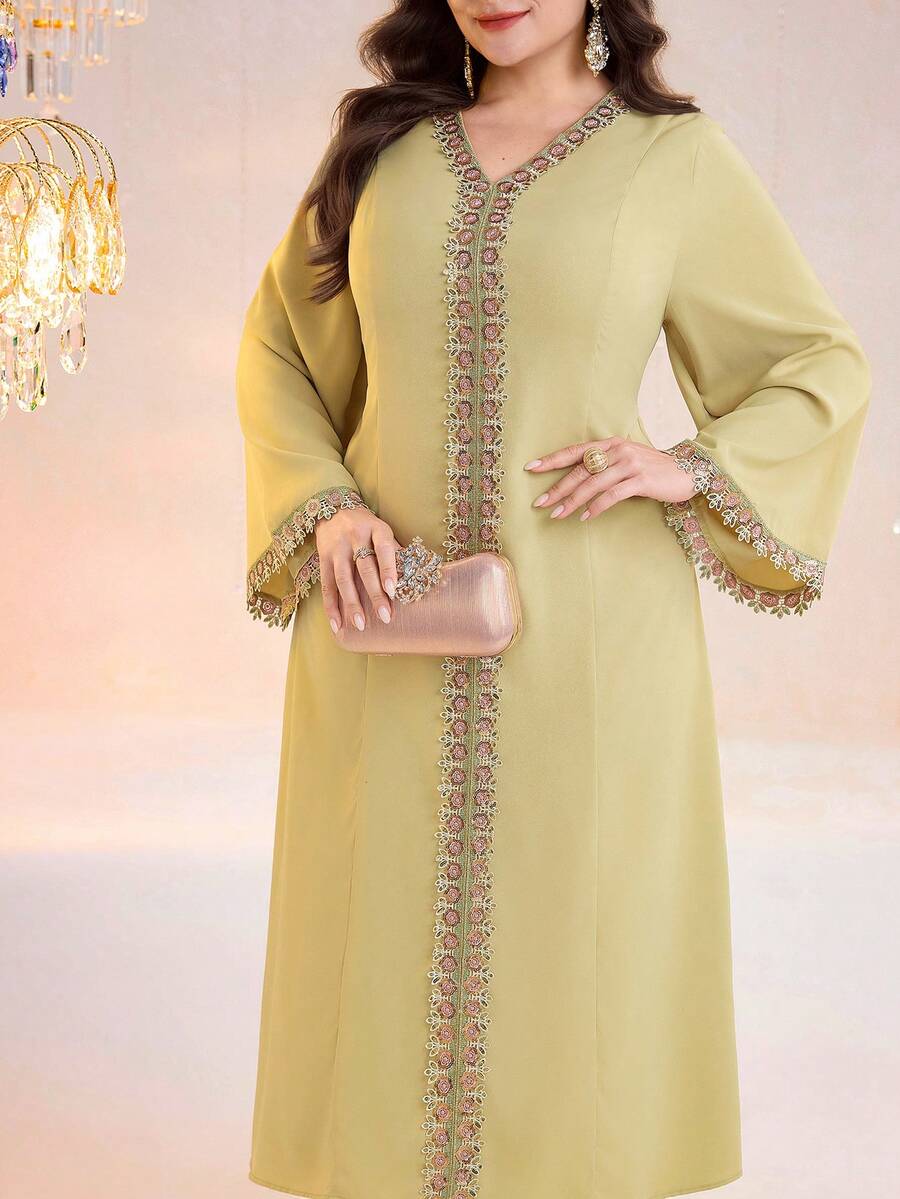 Al Najma Plus Size Women Elegant Party Ribbon Decor Arabic Style Dress - Lime Green - View 1