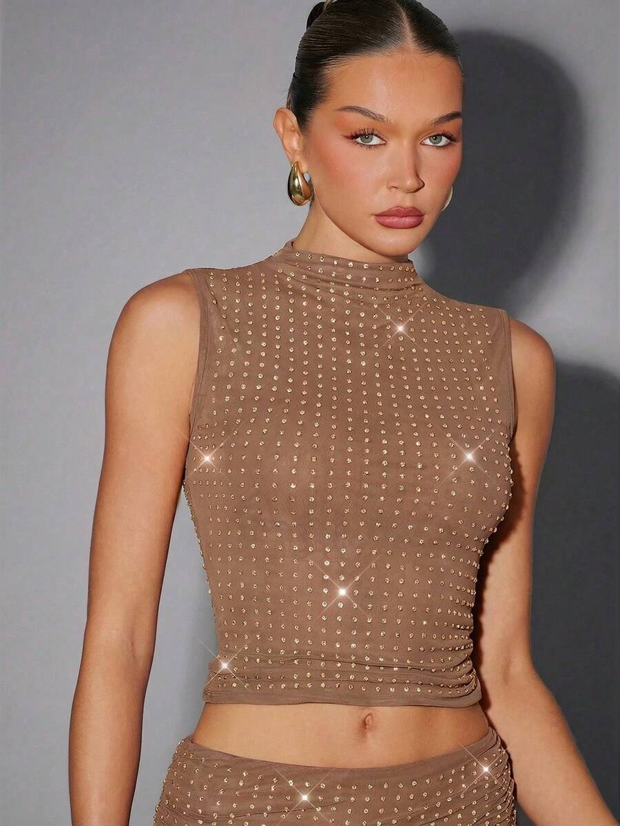 Hauture Sexy Summer Party Burgundy Red Mock Neck Hot Fixed Rhinestone Double Layer Mesh Tank Top - Khaki - View 1