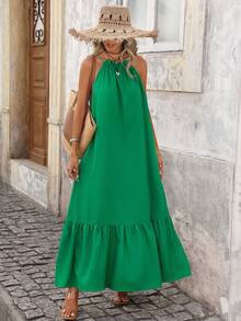 Brillora Women's Casual Green Smock Halter Maxi Dress With Frill Hem Sleeveless Design Green Beach Dress Women Vacation Dress Green Summer Dress Women - Green - View 3