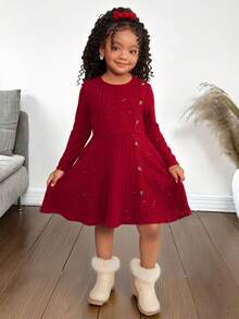 SHEIN 年轻女孩优雅休闲红色亮片毛绒针织罗纹圆领套头衫开叉设计中长连衣裙，适合上学、日常休闲、秋冬、圣诞节红色连衣裙 - 紅色 - 查看 4