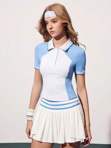 CourtClass Women's Sporty Casual Contrast Color Button Half-Zip Tennis Polo Shirt