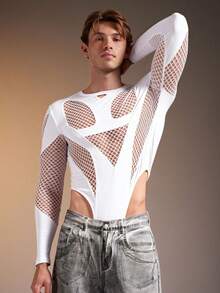 FeverCity Men's Sexy Mesh Patchwork Hollow Out Long Sleeve Jumpsuit