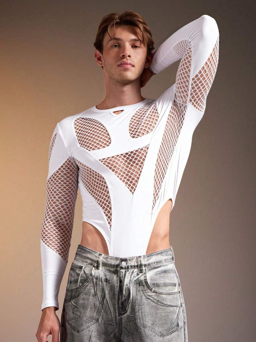 FeverCity Men's Sexy Mesh Patchwork Hollow Out Long Sleeve Jumpsuit