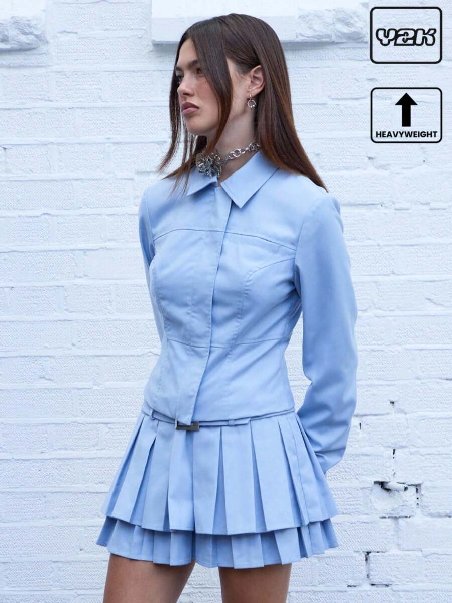 COUREZ Áo khoác ngắn ôm dáng / Phong cách Y2K mùa thu dành cho nữ, áo kiểu dễ thương, áo đi chơi, áo khoác mùa đông - Màu xanh nhạt - Xem 1