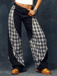 Denimoi Plaid Contrast Baggy Barrel Jeans Boyfriend Jeans Fashionable Streetwear Statement Jeans - Dark Wash - View 7
