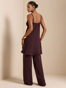 SHEIN Veneréa Women's V-Neck Ruffle Trim Asymmetrical Camisole And Straight Leg Pants 2 Pieces Set