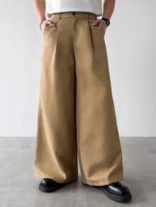 HUEFORM 男士休闲纯色褶裥斜插口袋宽松阔腿裤 - 卡其色 - 查看 5