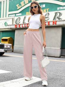 SHEIN Unity Women's Casual Solid Color Basic Pocket Wide Leg Pants - Baby Pink - View 6