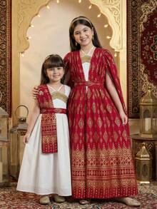 SHEIN Tween Girl Gold Foil Print Round Neck Dress - White - View 8