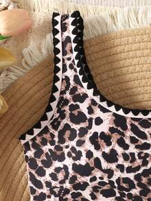 Tween Girls' Leopard Print Cutout One-Piece Swimsuit, Fashionable And Stylish Swimwear For Beach And Vacation - Multicolor - View 5