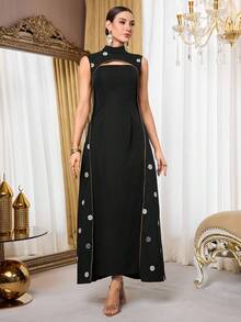 Al Najma Women's Mandarin Collar Sleeveless Hollow Out Waist Arabic Style Dress Abayas Dubai Luxury Arabic Dress Moftif Dresses For Women Black Dress Women Najma Dress Summer Dress - Black - View 6