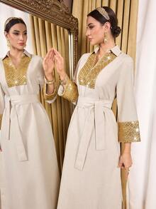 Al Najma Women's Elegant Arabic Style Dress With Collar, Sequin Trim, Waist Tie Detail Kaftan Jalabiya Dress - Apricot - View 3