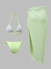 Swim Oasis 26SS 女士春夏沙滩套装，三件套泳衣，优雅性感社交名媛复古波西米亚风，饰有流苏，精致流苏配饰，系带比基尼套装搭配裹身网纱裙，高端套装，牛油果绿，性感奢华，优雅知性，适合沙滩、度假、派对、日常穿着 - 薄荷綠 - 查看 2