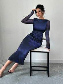 Firerie 女士优雅长袖扎染印花褶皱连衣裙，扎染印花长袖修身优雅连衣裙，不对称领长袖优雅约会连衣裙，网纱弹力面料 - 藏蓝色 - 查看 3