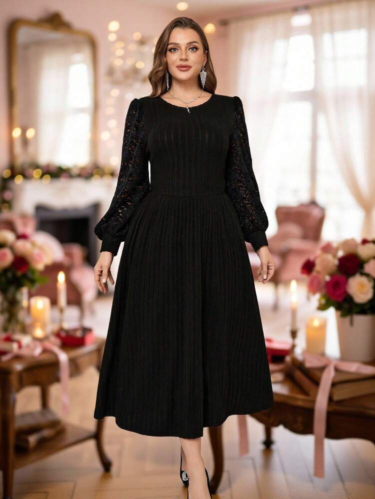 Plus Size Minimalist Solid Color Lace Pleated Hem Dress For Christmas, Lace Sleeve Dress, Long-Sleeved Black Dress, Elegant Black Dress, Black Midi Dress, Women's Winter Dress, New Year's Women's Wear, Elegant Party Outfit, Women's Black Dress, Carnival New Year's Look Sparkly Dress, Black Dress, Plus Size Elegant Black Dress, 2025 Autumn/Winter Collection, Autumn/Winter Party Elegant Dress.