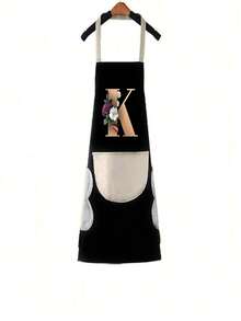 1pc Household Apron Waterproof Oilproof Can Wipe Hands Kitchen Work Clothes Fashion Initial Letter Print Men And Women Home Cooking Cleaning Apron Unisex Sleeveless Apron - Black - View 12