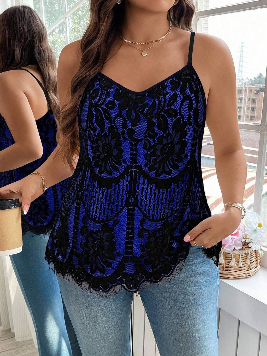 Reflora 大码夏季时尚休闲日常撞色蕾丝吊带背心 - 彩色 - 查看 1