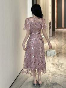 DAZY 女士亮片装饰短袖连衣裙 - 紫色 - 查看 5