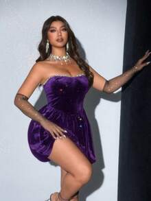 Viva Relle 大码性感无肩带褶皱荷叶边连衣裙 - 紫色 - 查看 6