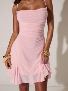 SHEIN BAE Women's Romantic Sexy Cute Draped Neck A-Line Dress, Suitable For Sisters' Gathering, Casual Outings, Beach Vacation, Party Occasions, Pink Dress, Valentine's Day Dress, Music Festival - Baby Pink - View 5