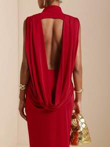 SHEIN Veneréa Váy chéo xếp ly hở lưng cổ cao dành cho nữ - Màu Cam cháy - Xem 4