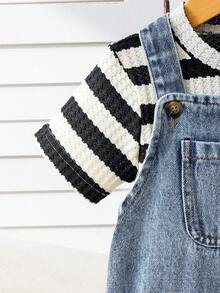 SHEIN 2pcs/Set Unisex Baby Clothes, Baby Boy Casual Cute Bear & Black White Striped T-Shirt And Blue Denim Bib Pants Set, Summer & Spring