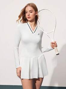 CourtClass Women's V-Neck Raglan Sleeve Fitted Pleated Tennis Top - White - View 3