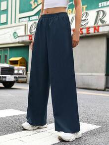 SHEIN Unity Women's Solid Color Minimalist Casual Wide Leg Pants - Navy Blue - View 3