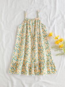 SHEIN Vintaside Kids 女童夏季无袖数码印花吊带连衣裙，清新优雅的西式风格，适合日常穿着、户外旅行、度假和聚会。 - 黃色 - 查看 3