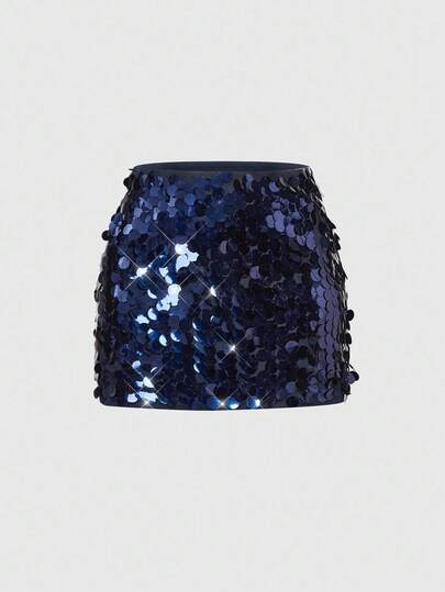 Fairycore Minifalda con lentejuelas de unicolor de moda Y2K para mujer de talla grande