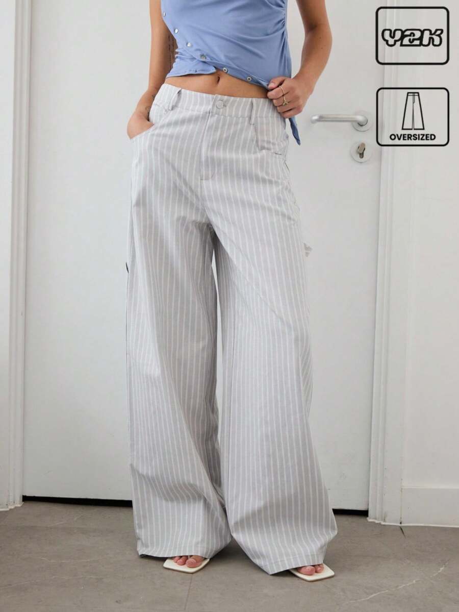 COUREZ Stripe Super Oversized Carpenter Trousers /Y2K Street Wear Summer Bottoms Vacation Vintage - Grey - View 1