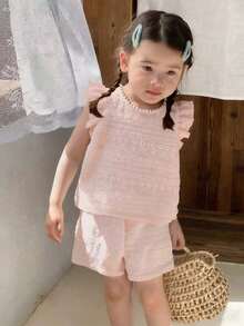 SHEIN Vintaside Kids 2件套女婴0-3岁休闲甜美日常外出短袖T恤背心上衣和短裤套装，春夏女婴套装可爱复古风女婴套装女童短裤套装女婴夏季服装套装 - 淺粉色 - 查看 1