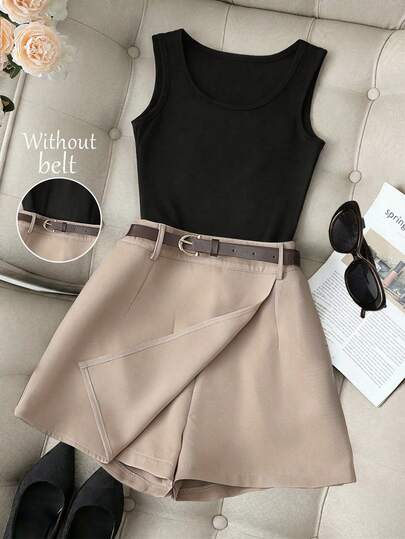 Franclia Two-Piece Women's Culottes/Skirt Set Featuring Contrasting Colors And Materials, Round Neck, Fitted Waist, Wide Leg, And A-Line Silhouette; Black Top; Suitable For Summer Holidays, Women's Summer Outfits, Women's Vacation Wear, And Elegant Women's Attire.Graduation Season Attire, Fashionable Casual Commuter Wear, Business Office Wear, Versatile And Stylish Everyday Casual Wear, Urban Teacher's Professional Attire