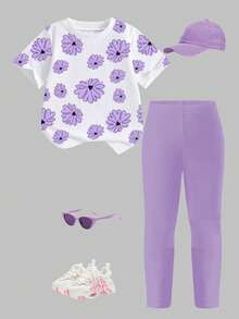 SHEIN Playful Pals 两件套休闲时尚春夏女童T恤和打底裤套装，花卉印花设计，适合上学、户外活动、聚会、送礼。 - 彩色 - 查看 4