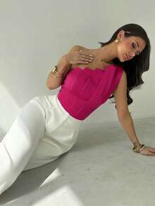 Firerie 春夏新款简约优雅日常通勤3D立体不对称褶皱设计无袖收腰修身白色连体衣，适合音乐节、返校、海滩度假、机场穿搭、度假穿搭、教师装扮。 - 玫紅色 - 查看 6