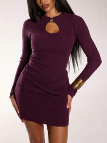 Normani Women's Dark Purple Elegant Hollow Out Metal Buckle Decor Fitted Mini Sweater Dress,Autumn Chic Night Out Solid Winter Party Birthday Clothes - Burgundy - View 1
