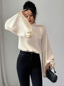 Selianne New Women's Glossy Fabric Stand Collar Flare Sleeve Cuff Gold Floral Trim Casual Commuter Vacation Elegant Blouse - Apricot - View 5
