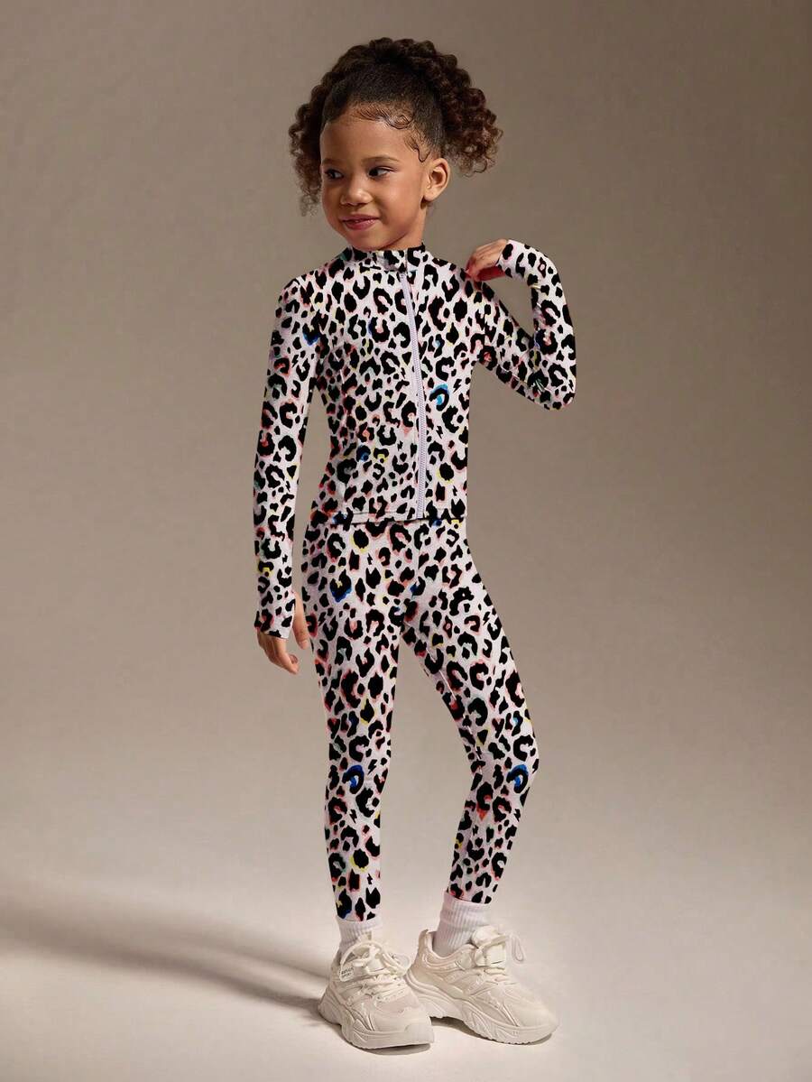 SHEIN 女童运动外套和紧身裤套装，可爱黑色花卉豹纹印花，高弹舒适面料，修身剪裁，适合跑步、健身、网球、羽毛球等运动。 - 彩色 - 查看 1