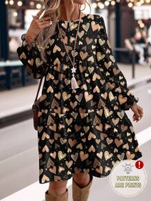 EMERY ROSE Váy dài vừa phải thanh lịch, in hình trái tim lãng mạn, cổ điển, giản dị dành cho nữ, Váy cỡ lớn dành cho nữ, Váy năm mới, Váy đêm giao thừa dành cho nữ, Phong cách năm mới dành cho nữ, Váy thanh lịch dành cho nữ, Váy đen - Nhiều màu - Xem 2