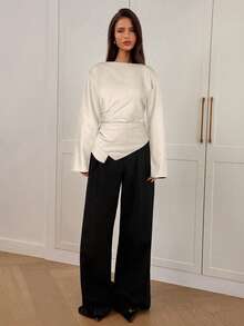 Aloruh Áo chui đầu cổ chữ V tay loe dài, dáng rộng, viền bất đối xứng, eo nhún, thời trang mới cho nữ mùa thu/đông - Màu be - Xem 3