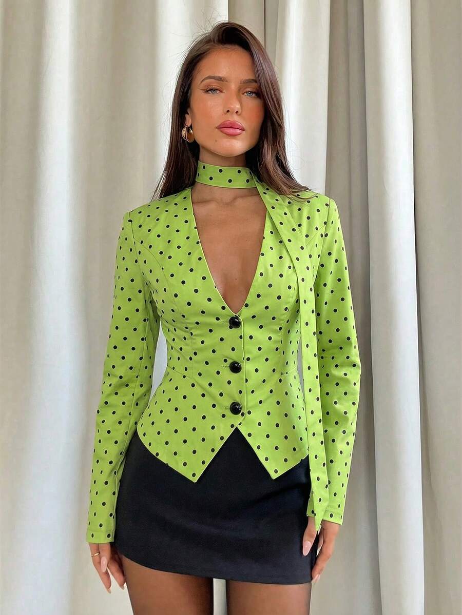 Aloruh Women's Elegant Polka Dot Print Deep V-Neck Fitted Blazer Jacket With Tie, Suitable For Work And Commute - Mint Green - View 1