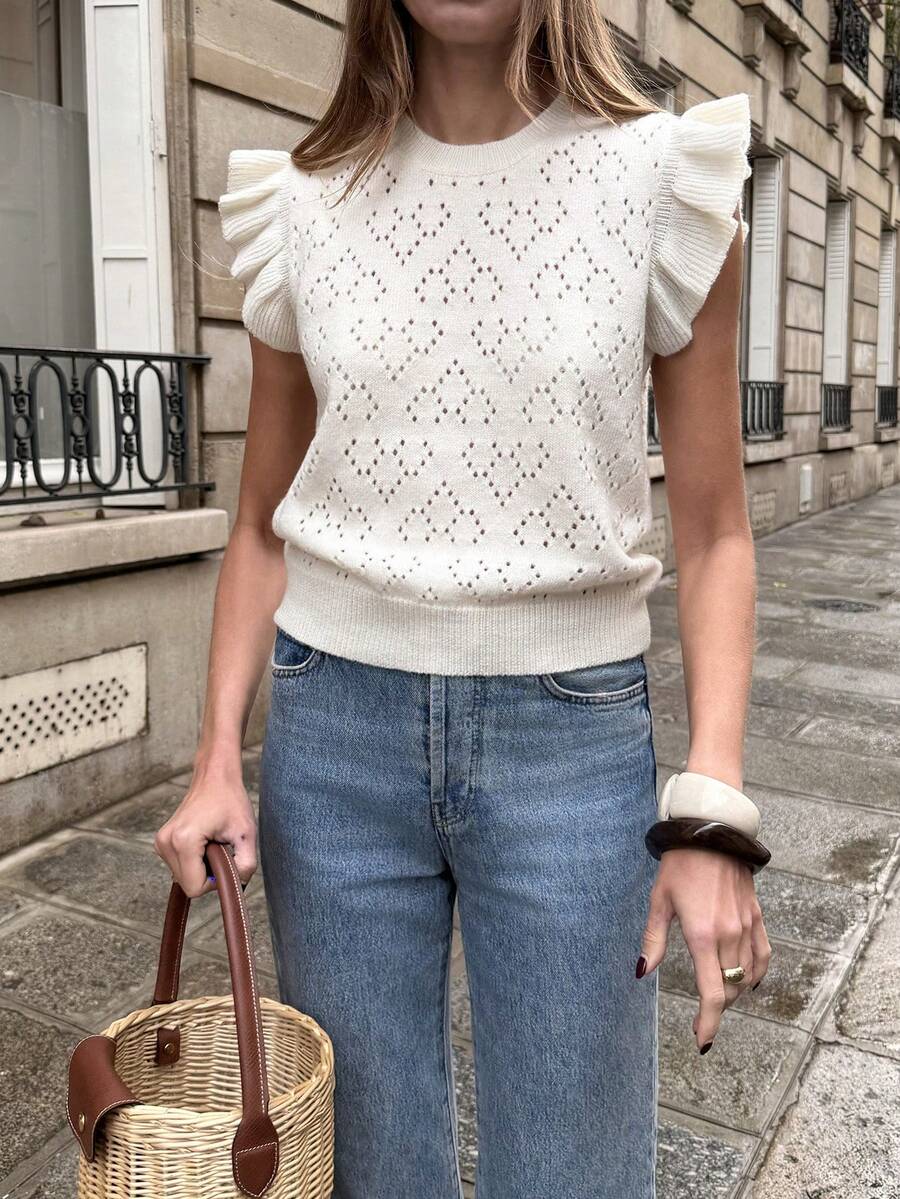 Pariaura Fashionable Elegant Regular Women Knit Top White Eyelet Top Eyelet Blouse White Knit Top White Elegant Top Lace White Top - Apricot - View 1