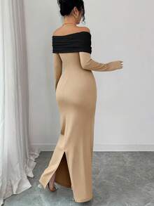 SHEIN Elenzya 女士优雅黑色露肩珍珠装饰连衣裙，适合日常穿着、婚礼、晚宴、通勤、毕业典礼、节日、约会、派对、万圣节、圣诞节、新年、感恩节等场合。 - 卡其色 - 查看 2