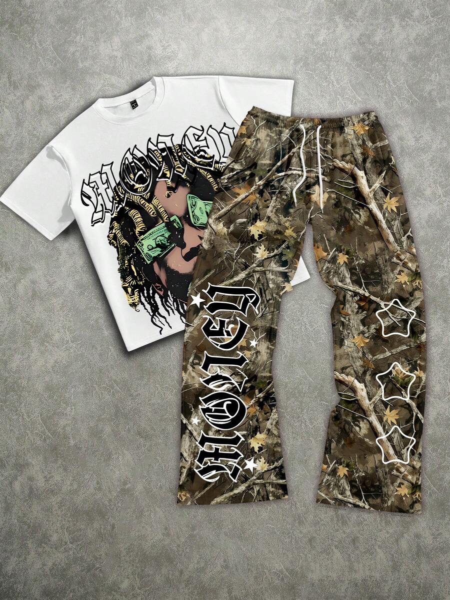 Manfinity ZONE917 Bộ áo thun ngắn tay cỡ lớn in hình hoạt hình mặt tiền MONEY họa tiết rằn ri đường phố. - Nhiều màu - Xem 1