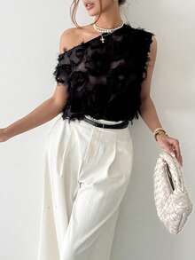 Rafferiza 女士不对称肩部无袖时尚上衣，提花面料衬衫，夏季上衣，夏季度假装，女士夏季服装，女士春季服装，嘉年华女士造型，女士沙滩装，女士优雅衬衫，女士休闲上衣，黑色上衣，黑色衬衫，女士度假装，夏季度假装，女士沙滩度假装，女士度假装，日常通勤，浪漫约会，新年假期时尚休闲通勤装，商务办公装，百搭时尚日常休闲装，都市教师职业装 - 黑色 - 查看 5