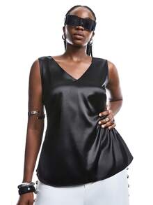 SHEIN EZwear Plus Size Casual Commuter Simple Solid Satin Camisole - Black - View 3